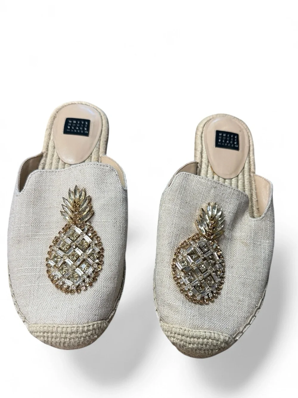 White House Black Market Cream Espadrille Slip-On with Gold Pineapple Accent